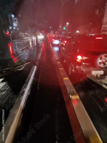 Cyclist on São Paulo's bike lane under the night rain, city lights reflecting on wet roads amid bustling traffic	