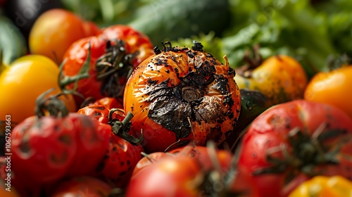 Close-up of a pile of rotten tomatoes, some with black spots and mold. photo