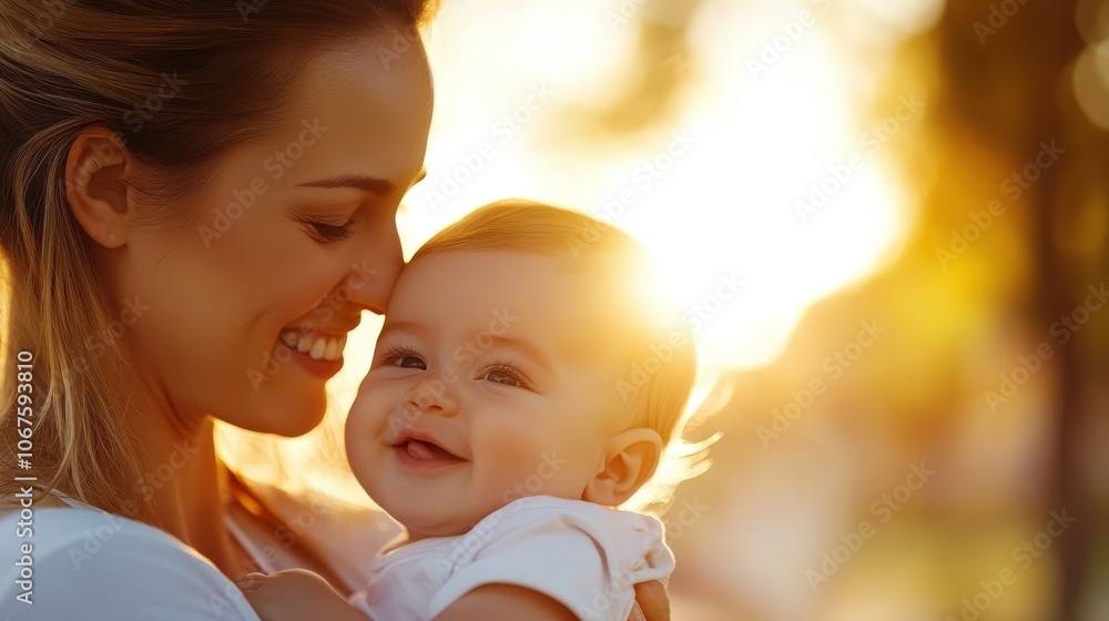 A joyful mother lovingly embraces her smiling baby with the warm glow of the sunset in the background, embodying love and happiness in a serene setting. A joyful mother lovingly embraces her smiling baby with the warm glow of the sunset in the background, embodying love and happiness in a serene setting.