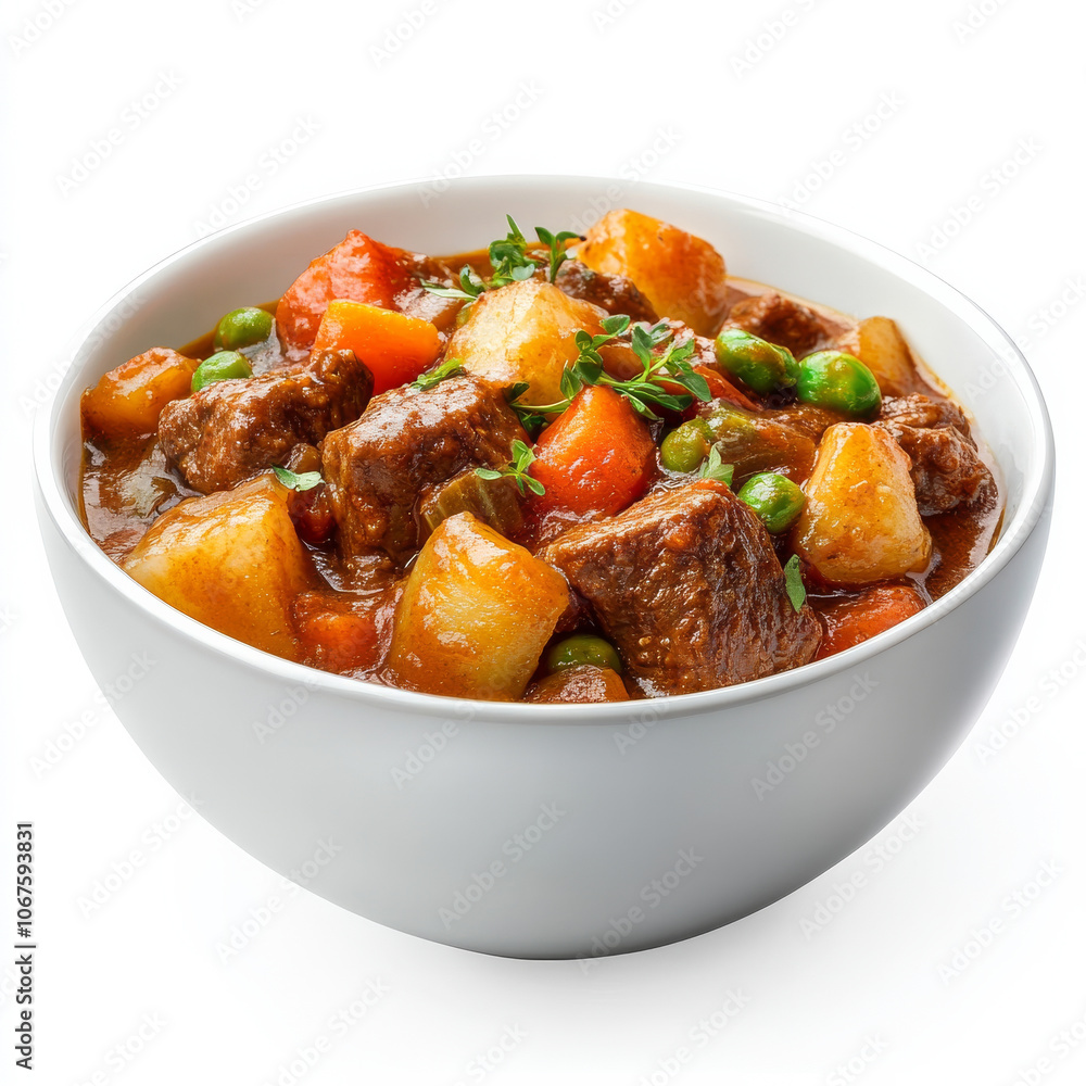 A bowl of chunky beef stew with vegetables, isolated on a white background, showcasing a hearty meal A bowl of chunky beef stew with vegetables, isolated on a white background, showcasing a hearty meal