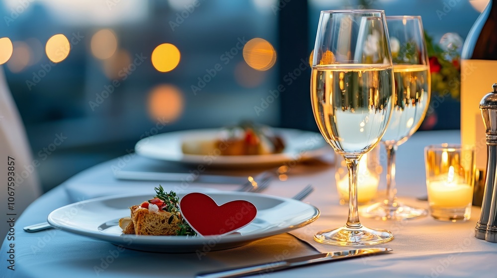 A romantic dinner setting with two glasses of white wine, a heart-shaped decoration on the plate, and candlelight for a cozy ambiance. A romantic dinner setting with two glasses of white wine, a heart-shaped decoration on the plate, and candlelight for a cozy ambiance.