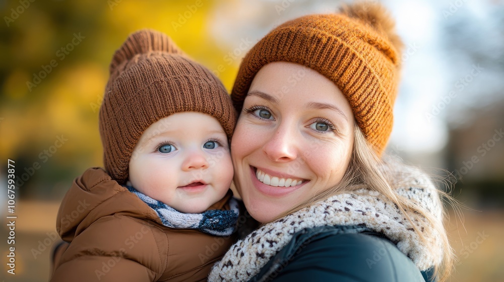 A cheerful mother and her baby, both wearing warm hats, are embracing lovingly against a backdrop of vibrant autumn colors, sharing joy and connection. A cheerful mother and her baby, both wearing warm hats, are embracing lovingly against a backdrop of vibrant autumn colors, sharing joy and connection.
