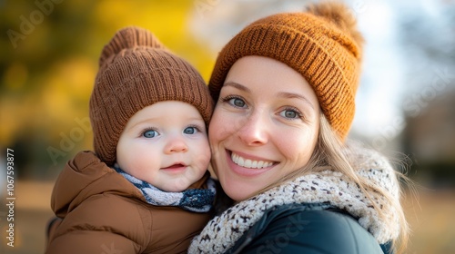 A cheerful mother and her baby, both wearing warm hats, are embracing lovingly against a backdrop of vibrant autumn colors, sharing joy and connection.