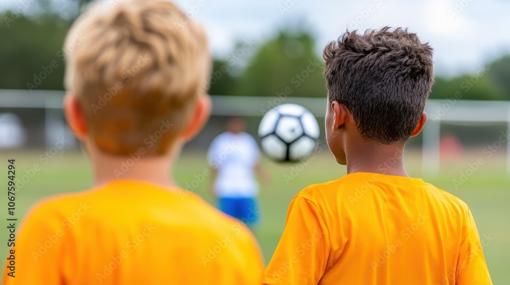 Two boys in orange jerseys concentrate intently as a soccer ball approaches them during practice, set against the backdrop of a grassy soccer field in daylight. Two boys in orange jerseys concentrate intently as a soccer ball approaches them during practice, set against the backdrop of a grassy soccer field in daylight.
