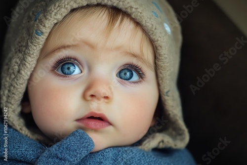 A cute baby in a hood looking up with strikingly bright blue eyes in a moment of curiosity. photo