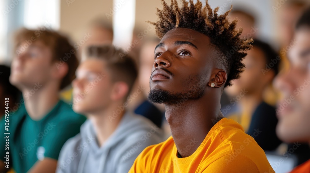 A focused young man attends a lecture, looking upward attentively, reflecting dedication and the importance of education in shaping a bright future. A focused young man attends a lecture, looking upward attentively, reflecting dedication and the importance of education in shaping a bright future.