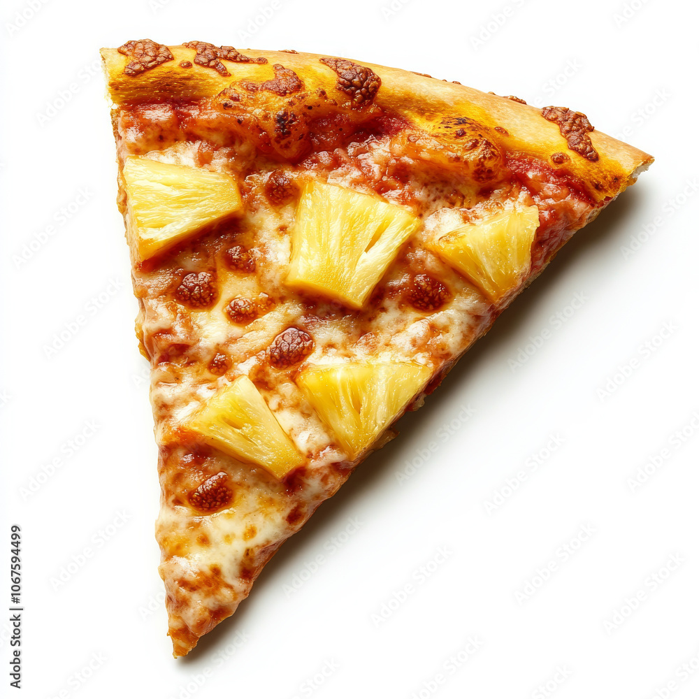 A slice of pineapple pizza with visible toppings, isolated on a white background, highlighting a unique pizza choice A slice of pineapple pizza with visible toppings, isolated on a white background, highlighting a unique pizza choice