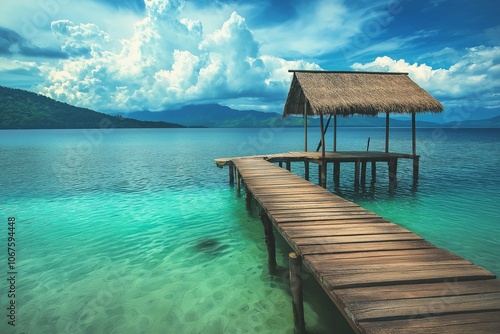 A peaceful wooden pier leads into the clear turquoise waters beneath a breathtaking sky, with distant mountains visible.