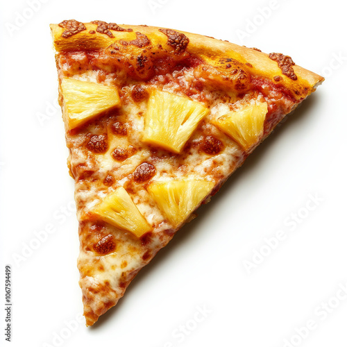 A slice of pineapple pizza with visible toppings, isolated on a white background, highlighting a unique pizza choice