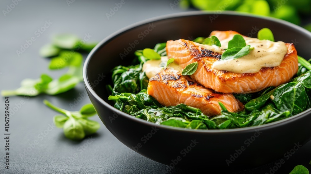 Delicious grilled salmon fillets with creamy sauce are artfully placed on a bed of fresh spinach, creating a vibrant and appetizing culinary presentation. Delicious grilled salmon fillets with creamy sauce are artfully placed on a bed of fresh spinach, creating a vibrant and appetizing culinary presentation.