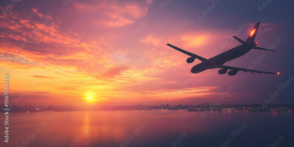 A passenger airplane flying high over a city skyline, beautifully silhouetted against a vibrant sunset. A passenger airplane flying high over a city skyline, beautifully silhouetted against a vibrant sunset.