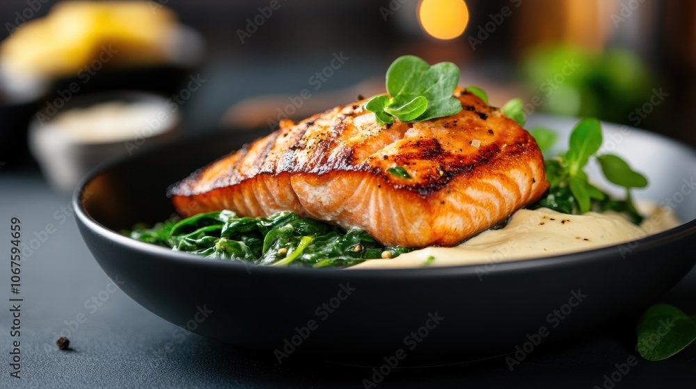 A beautifully seared salmon fillet rests on creamy mash accompanied by green leaves, creating a visually pleasing and gourmet culinary masterpiece for food lovers. A beautifully seared salmon fillet rests on creamy mash accompanied by green leaves, creating a visually pleasing and gourmet culinary masterpiece for food lovers.