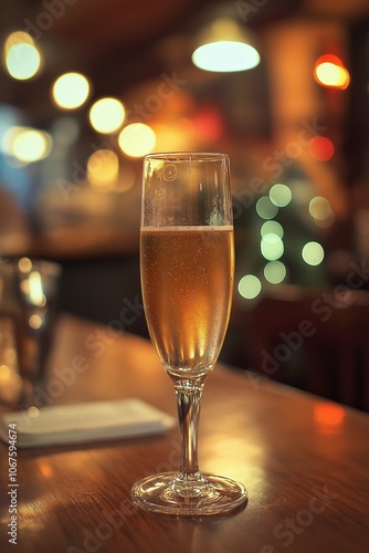 A single champagne glass sits elegantly in a dimly lit bar, representing celebration, elegance, and sophistication.