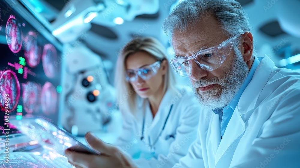 Two scientists in a modern laboratory, dressed in lab coats and safety glasses, are deeply engaged in analyzing digital data on high-tech screens with blue lighting. Two scientists in a modern laboratory, dressed in lab coats and safety glasses, are deeply engaged in analyzing digital data on high-tech screens with blue lighting.