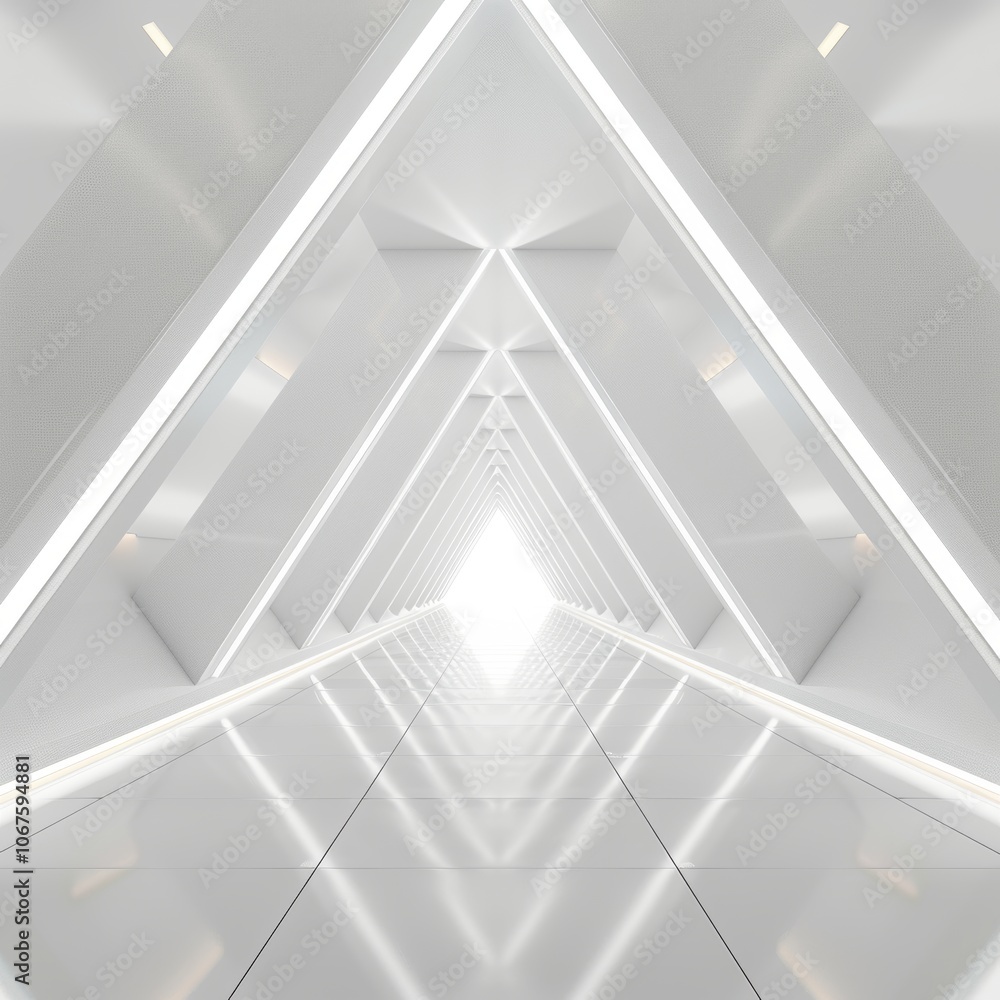 Empty Long Light Corridor. Modern white background. Futuristic Sci-Fi Triangle Tunnel. 3D Rendering --v 6 Job ID: 730a8cbf-fb06-4e31-896b-64aa5cc82159 Empty Long Light Corridor. Modern white background. Futuristic Sci-Fi Triangle Tunnel. 3D Rendering --v 6 Job ID: 730a8cbf-fb06-4e31-896b-64aa5cc82159