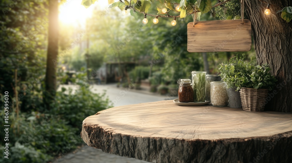 Rustic wooden signboard hanging on tree in outdoor garden setting Rustic wooden signboard hanging on tree in outdoor garden setting