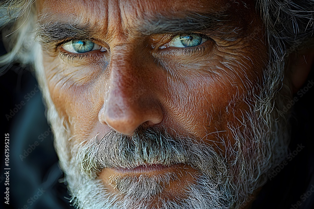 Intense gaze: close-up of mature man with blue eyes and weathered skin Intense gaze: close-up of mature man with blue eyes and weathered skin