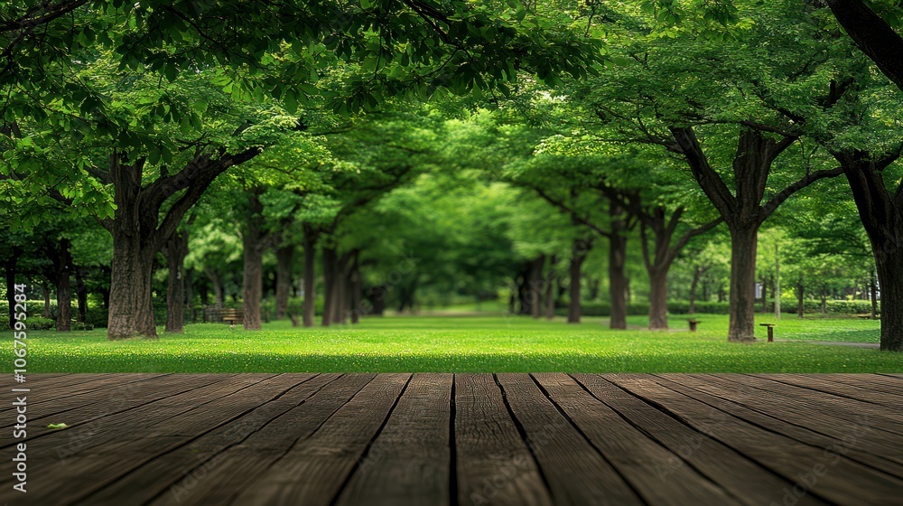 Empty wood table top and blurred green tree in the park garden background - can used for display or montage your products.