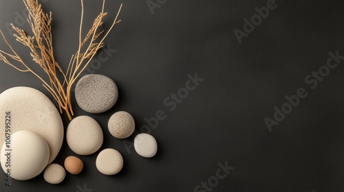 Minimalist geometric stone arrangement with natural elements on dark background for modern design concepts