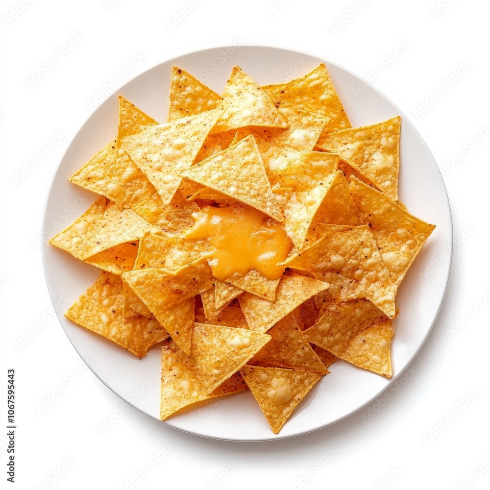 A plate of nachos with melted cheese, isolated on a white background, showcasing a popular snack option A plate of nachos with melted cheese, isolated on a white background, showcasing a popular snack option