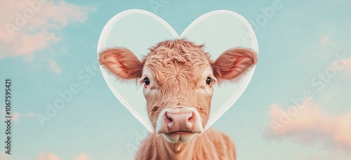 Heart shaped cow sticker against pastel sky for farmhouse decor or rustic design photo