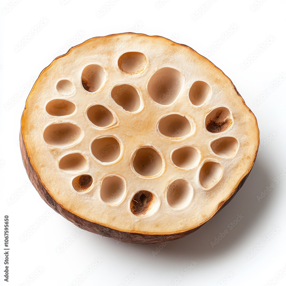 A single lotus root slice, isolated on a white background, emphasizing a unique ingredient A single lotus root slice, isolated on a white background, emphasizing a unique ingredient