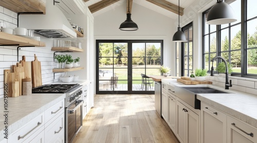 Modern Farmhouse Kitchen with White Cabinets and a View of a Green Lawn