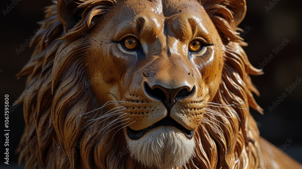 Fototapeta premium A crafted wooden lion statue. The intricate details of the statue, including the texture of the mane, the shape of the eyes, and the strong expression, create a sense of realism and tangible quality.