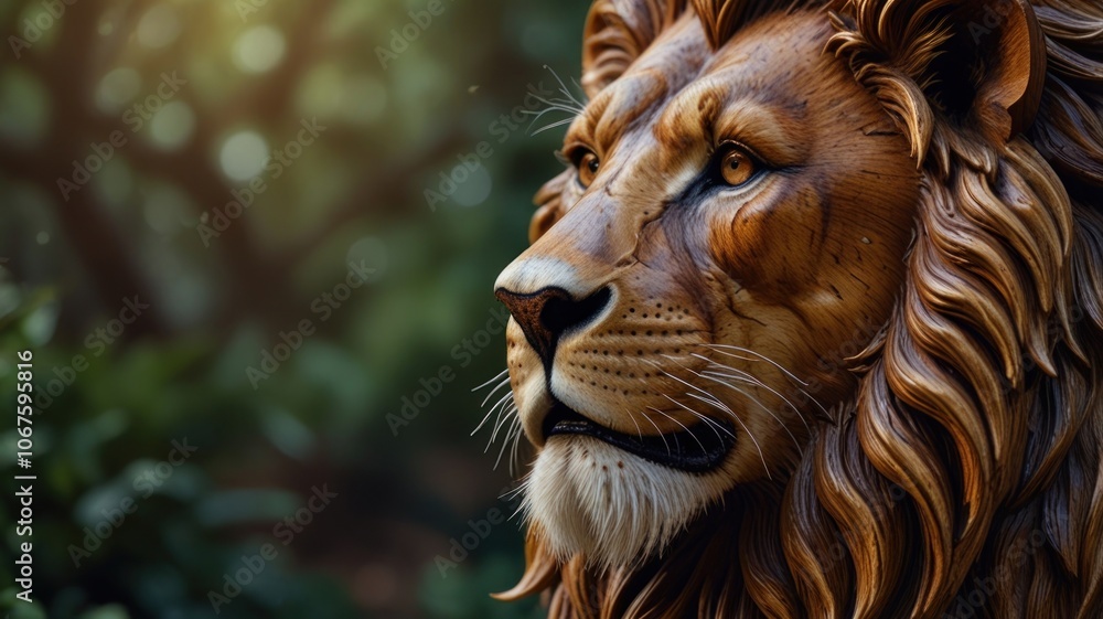 A crafted wooden lion statue. The intricate details of the statue, including the texture of the mane, the shape of the eyes, and the strong expression, create a sense of realism and tangible quality. A crafted wooden lion statue. The intricate details of the statue, including the texture of the mane, the shape of the eyes, and the strong expression, create a sense of realism and tangible quality.