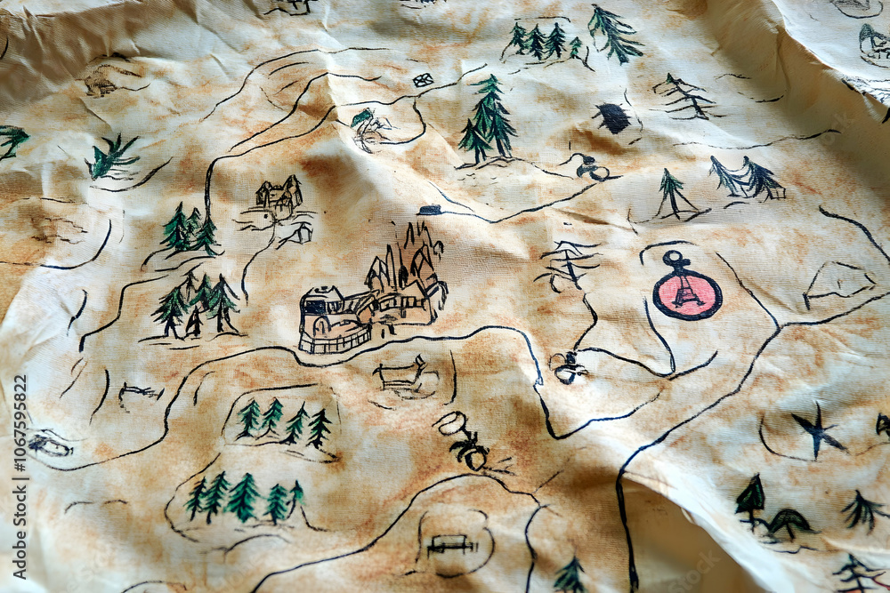 Intricate hand-drawn treasure map revealing hidden locations in a mystical forest landscape Intricate hand-drawn treasure map revealing hidden locations in a mystical forest landscape