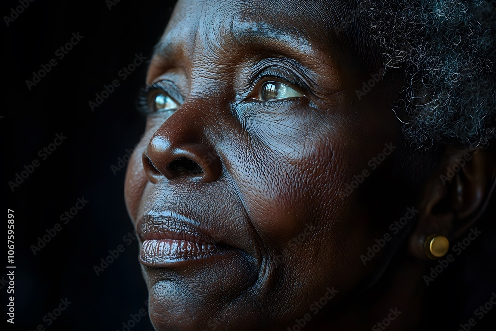 Contemplative gaze of an elderly woman in serene lighting Contemplative gaze of an elderly woman in serene lighting