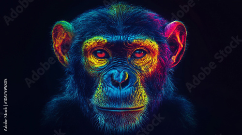 Colorful Chimpanzee Portrait Primate Animal Wildlife Nature Jungle Forest Black Ba