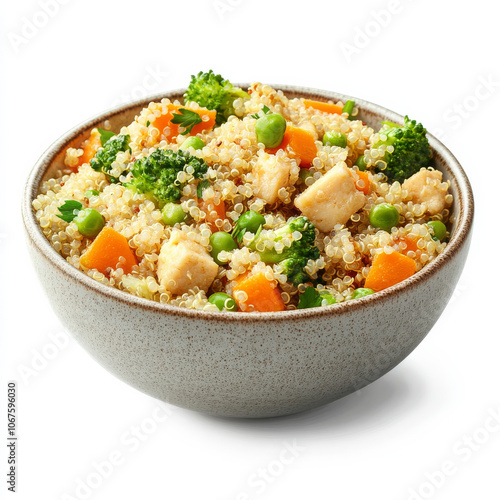 A bowl of cooked quinoa with fresh vegetables, isolated on a white background, emphasizing a high-protein grain option