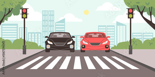 Cars waiting for traffic stop light on cityscape, vector cartoon safety crosswalk, automobile transport traffic control