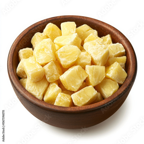 A bowl of pineapple chunks, isolated on a white background, showcasing a juicy tropical fruit