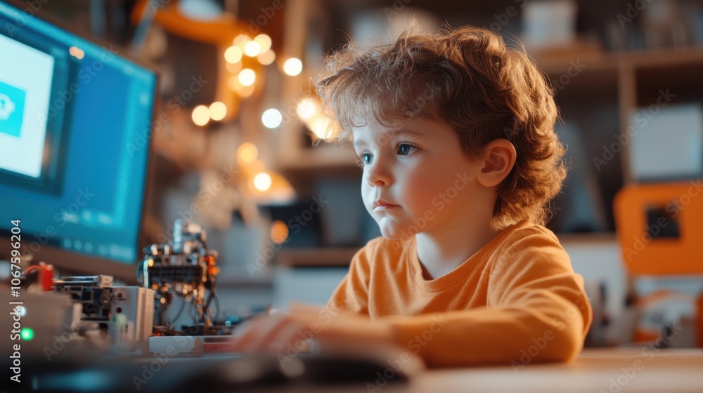 Focused child in an inviting tech setup, keenly interacting with computer equipment, symbolizing the blend of youth, innovation, and technological exploration. Focused child in an inviting tech setup, keenly interacting with computer equipment, symbolizing the blend of youth, innovation, and technological exploration.