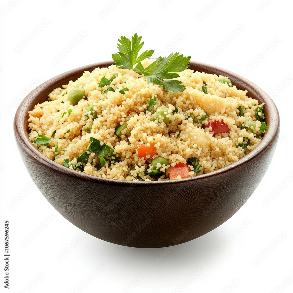 A bowl of couscous with herbs and vegetables, isolated on a white background, highlighting a nutritious side dish A bowl of couscous with herbs and vegetables, isolated on a white background, highlighting a nutritious side dish