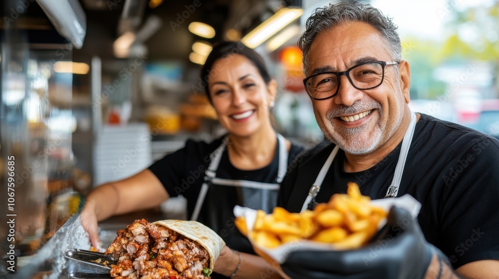 A radiant chef with an apron and gloves skillfully presents a mouth-watering shawarma with crispy fries, captured in a vibrant, modern diner setting for food enthusiasts. A radiant chef with an apron and gloves skillfully presents a mouth-watering shawarma with crispy fries, captured in a vibrant, modern diner setting for food enthusiasts.