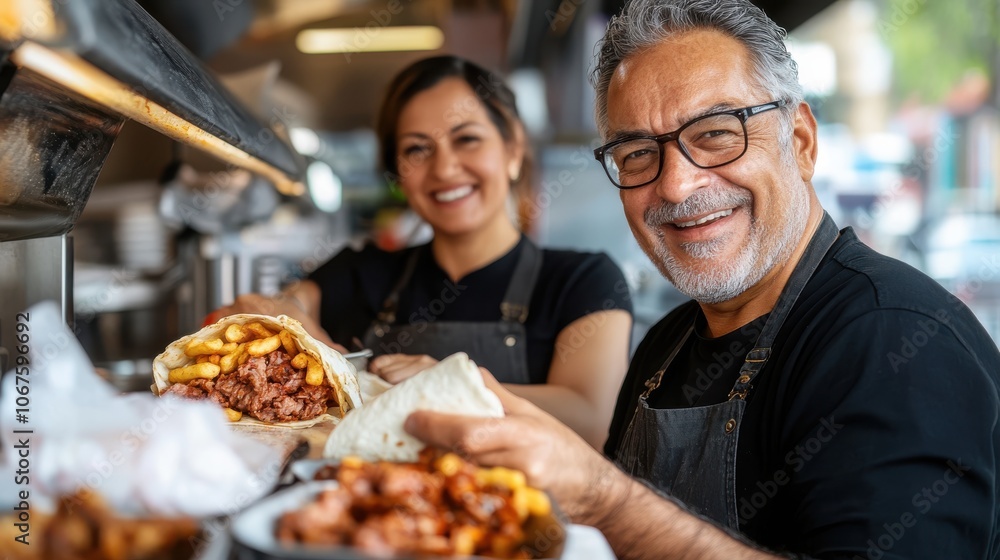 Behind the kitchen counter, a chef grins while presenting crunchy fries and well-filled shawarma, creating an appetizing image reflecting culinary passion and expertise. Behind the kitchen counter, a chef grins while presenting crunchy fries and well-filled shawarma, creating an appetizing image reflecting culinary passion and expertise.