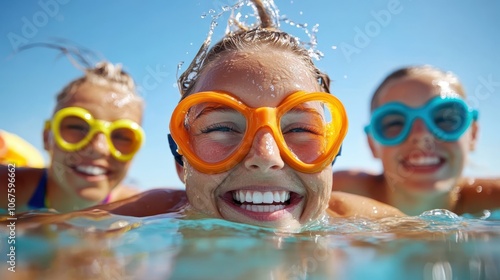 Three friends dive underwater with brightly colored goggles, sharing exhilarating joy and friendship, captured in a refreshing and playful setting. photo