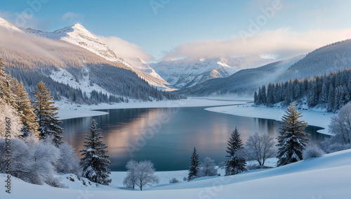 Winter Landscape with lake and mountains