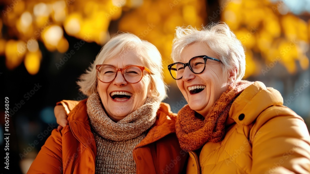 Two elderly women in cozy clothing, enjoying a lighthearted moment of laughter in an autumn park, surrounded by falling leaves and bathed in warm sunlight. Two elderly women in cozy clothing, enjoying a lighthearted moment of laughter in an autumn park, surrounded by falling leaves and bathed in warm sunlight.