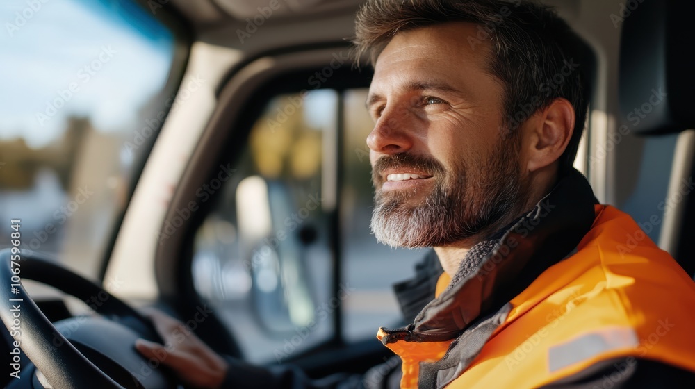 A smiling driver clad in a professional orange uniform and well-groomed beard exudes calm confidence while navigating his vehicle in bright daylight. A smiling driver clad in a professional orange uniform and well-groomed beard exudes calm confidence while navigating his vehicle in bright daylight.