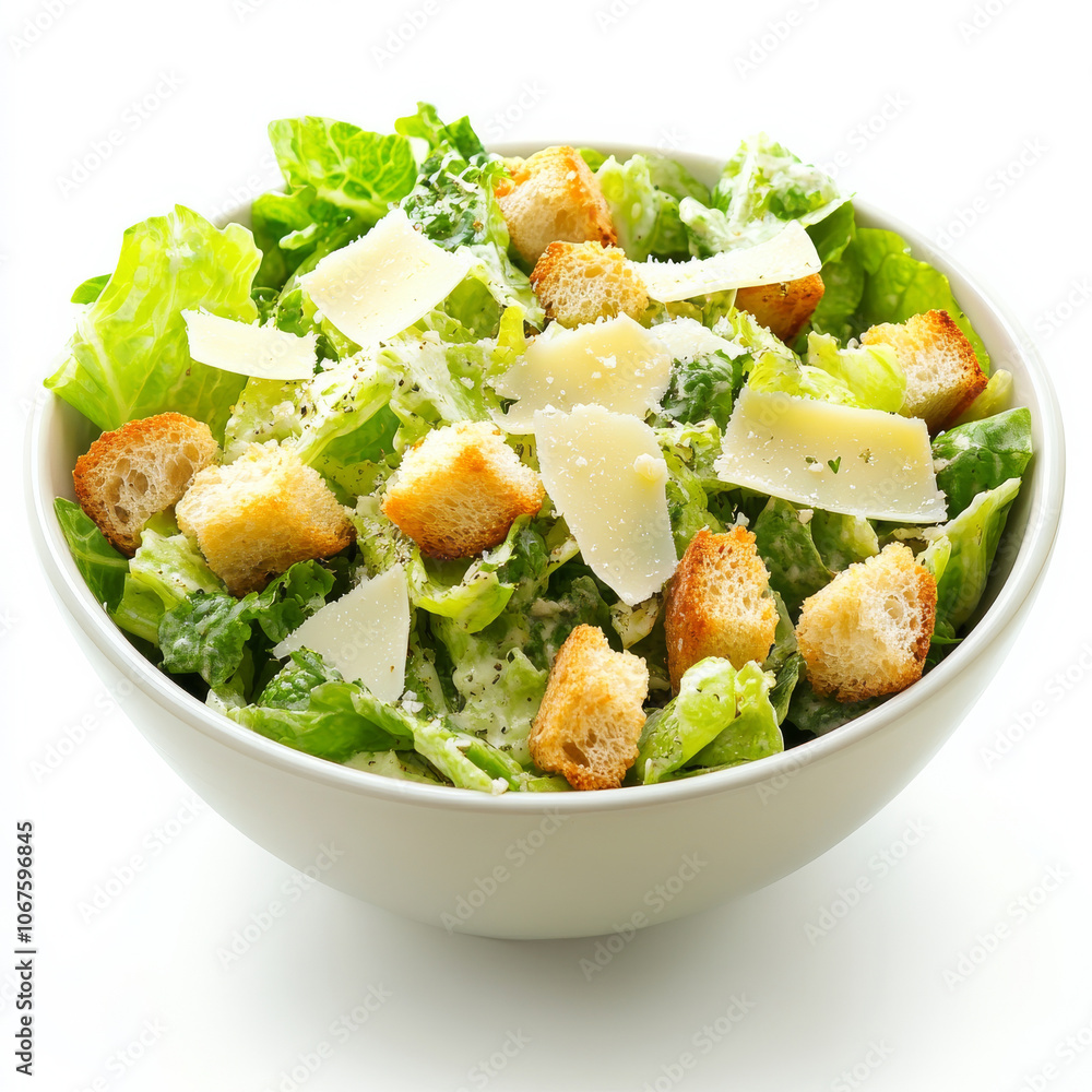 A bowl of Caesar salad with croutons and cheese, isolated on a white background, showcasing a popular salad A bowl of Caesar salad with croutons and cheese, isolated on a white background, showcasing a popular salad