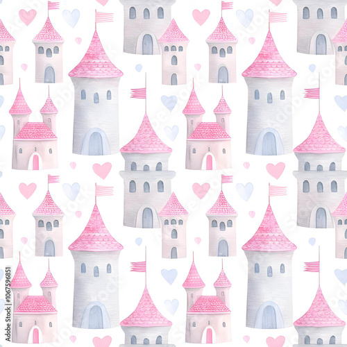 Background Pattern for Wallpaper: Watercolor Mini Castles with Heart Flags for a Fairytale Feel 