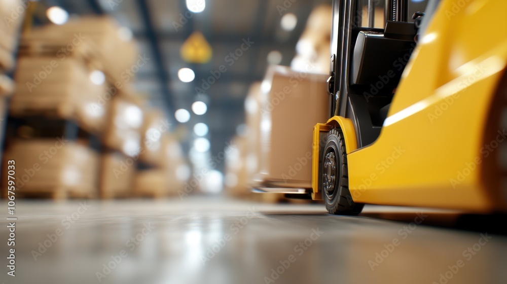 Obraz premium A close-up of a forklift in a warehouse, highlighting movement and precision in industrial operations, symbolizing modern-day commerce and coordination.