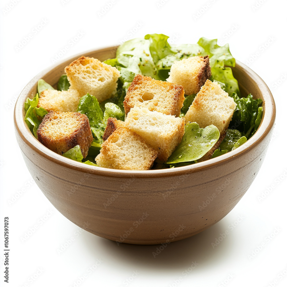 A small bowl of crunchy croutons, isolated on a white background, highlighting a classic salad topping A small bowl of crunchy croutons, isolated on a white background, highlighting a classic salad topping