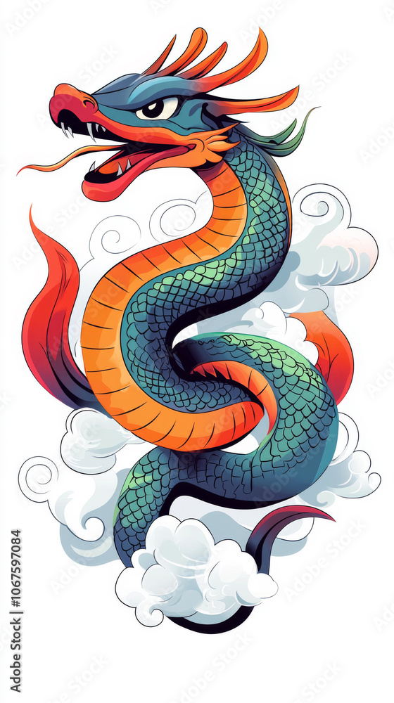 Obraz premium vibrant and dynamic Chinese dragon illustration, featuring intricate scales and bold colors, surrounded by swirling clouds. This artwork captures essence of traditional Chinese culture and mythology