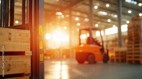 A dynamic scene of an indoor warehouse featuring a moving forklift amidst brightly lit surroundings, symbolizing efficiency and modern logistic operations. photo