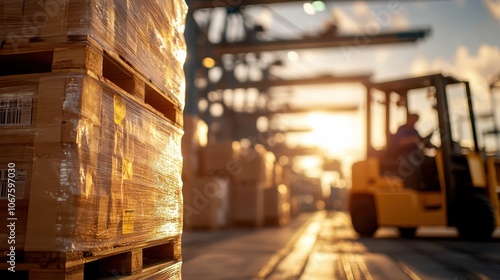 A striking image capturing a forklift near stacked pallets in an industrial area at sunset, showcasing the harmony of industry and nature with golden light. photo